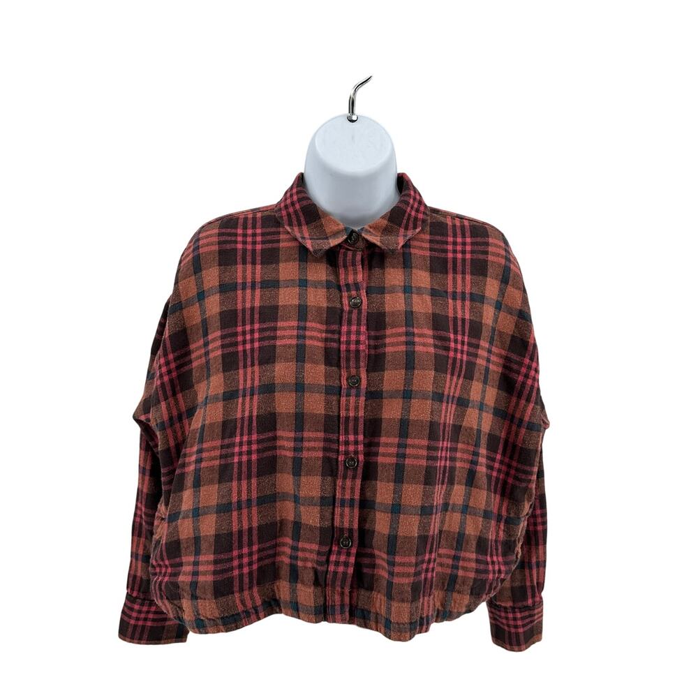 Madewell Plaid Flannel Crop Shirt WMNS S Ginger/Pink Long Sleeve Grunge Top Chic